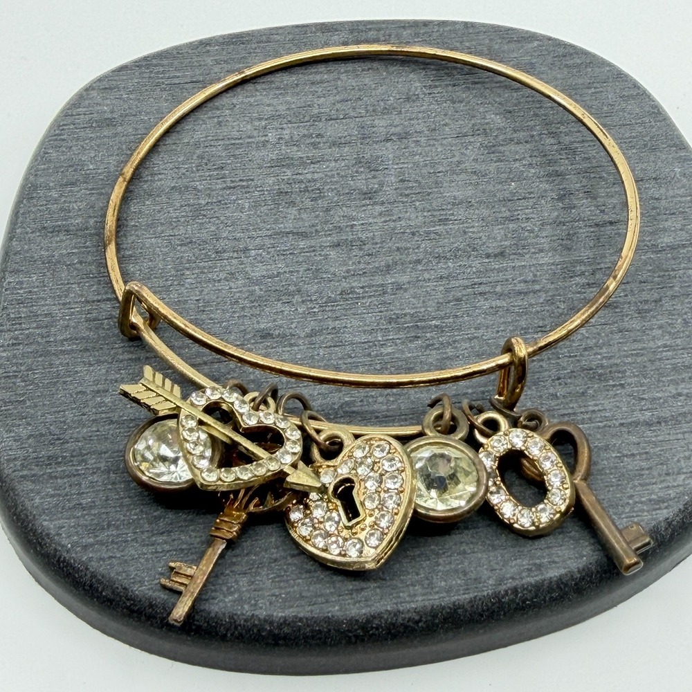 Gold Tone Charm Bracelet Rhinestone Heart Lock Key Arrow Bohemian Y2K Gift